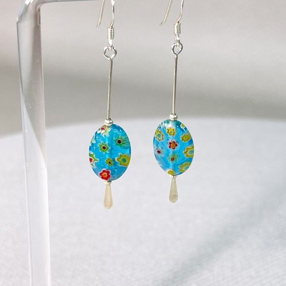Two Inch Drop Sterling Silver Blue Millefiori Carnaval Earrings 2” Long - Picture 2 of 9